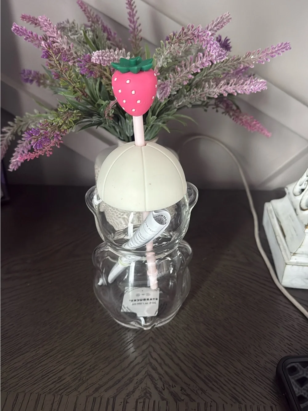 Starbucks Pink & White Strawberry Bear Bottle with Straw